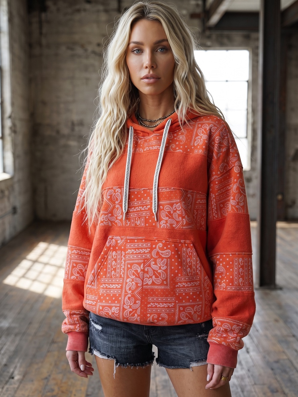 NWT Easel Bandana Print Washed Paisley Hoodie Pullover Sweatshirt Red - Picture 5 of 10